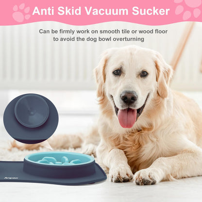 Slow Feeder Dog Bowls 3 in 1 Stainless Steel Dog Food and Water Bowls with Non-Spill and Non-Skid Silicone Mat to Slow Down Eating for Large Medium Small Breed Size Dogs and Cats (Light Grey)