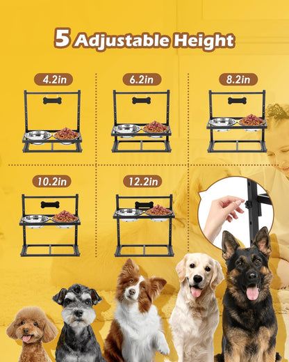 Elevated Dog Bowls with Slow Feeder & Mat, Adjusable Height Raised Dog Bowl Stand with 2 Stainless Steel 1200ML Bowl