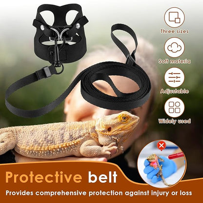 3 Pcs Bearded Dragon Harness and Leash Set, 3 Sizes Adjustable Soft Leather Lizard Harness with Leash, Small Animal Traction Rope Training Walking Vest for Bearded Dragon Lizard Squirrel (Black、)