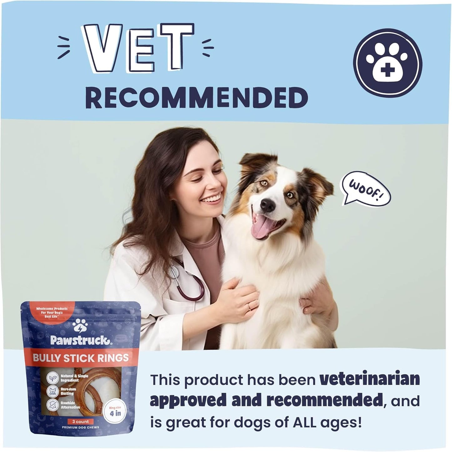 Pawstruck All-Natural 4" Bully Stick Rings for Dogs - Rawhide-Free, 100% Beef, Single Ingredient Dental Chew Bones - Fully Digestible, Low Odor - 3 Pack - Packaging May Vary