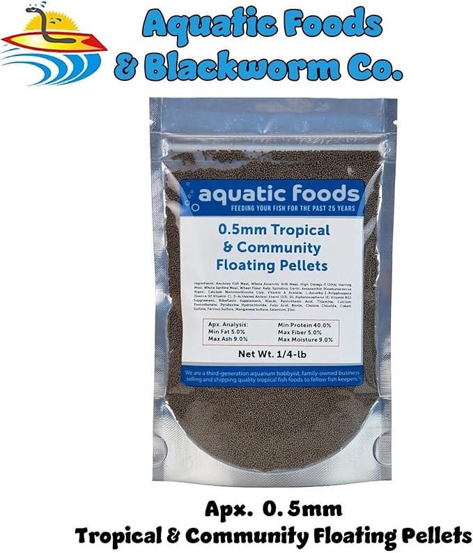 Aquatic Foods Inc. 0.5mm - 1/64" Tropical & Community Fish Floating Micro Pellets for Tetras, Guppies, Angel Fish, Small Cichlids, All Tropicals. - WL…1/4-lb Foil Bag
