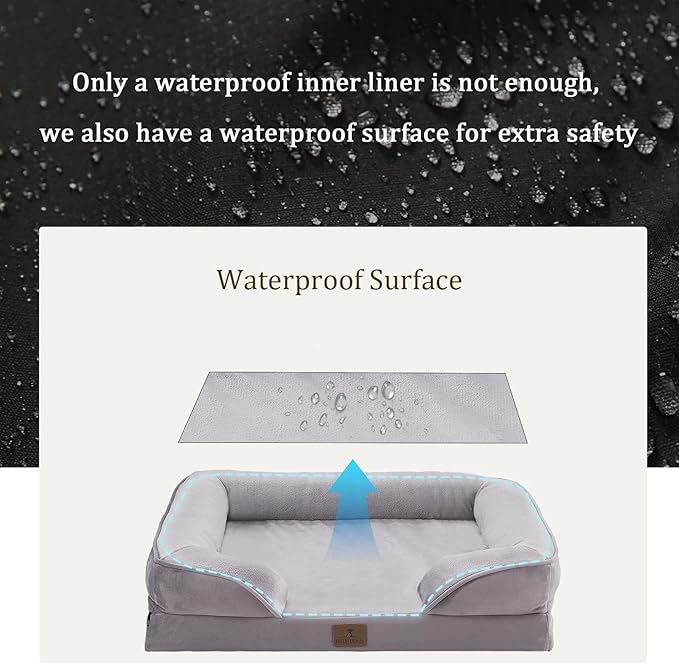 Bedfolks Orthopedic Dog Bed XXL, Waterproof Dog Sofa Bed for Giant Dogs, Egg Foam Pet Couch Bed with Removable Washable Cover and Nonslip Bottom, Light Grey