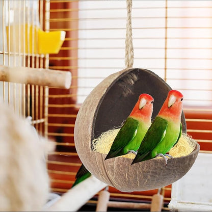 kathson Natural Coconut Shell Bird Nest,Hanging Coconut for Birds Parakeet Coconut Hut Coco Shell Bird House Cage Accessories Decoration for Parrots Lovebird Parakeets Finch Canary