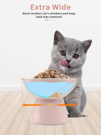 LoeJan Elevated Cat Food and Water Bowls Set, Pink - Raised Ceramic Anti-Vomit Whisker-Free Feeder for Kittens to Adult Cats