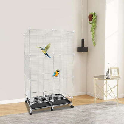 49"H Wrought Iron Bird Cage Large Parrot Cage, 3-Tier Movable BirdCage Parakeet Cage w/Wheels, 360° View Spacious Interactive Bird House Pet Bird Flight Cage for Medium&Small Birds(Iron Mesh)