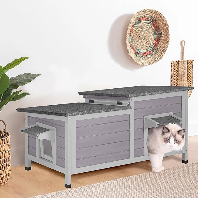 Aivituvin Outdoor Cat House，Double Rooms Waterproof Outside Feral Cat Shelter for Winter 100% Wood