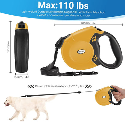 Retractable Dog Leash, 26 Ft Heavy Duty Pet Walking Leash for Small Medium Large Dogs up to 99lbs, Anti-Slip Handle, 360 ° No Tangle, Nylon Tape, One-Handed Brake (Yellow)