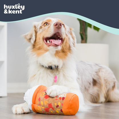 Huxley & Kent Funny Dog Toy w/Squeaker – Fall Power Plush Squeaky Dog Toys for Small, Medium & Large Dogs – Soft Stuffed Animal for Indoor Play & Fetch - Puggin Spice Latte, Large