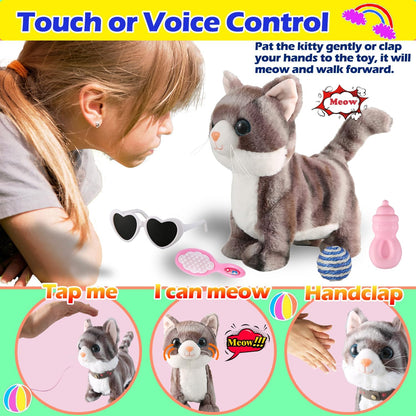 Gray Walking Cat Set Singing That Purrs and Meows Animated Plush Robot Kitten with Leash Moving Plush Stuffed Animal Remote Control Cute Kawai Robotic Kitty Electronic Kitten Toy for Girl Kid