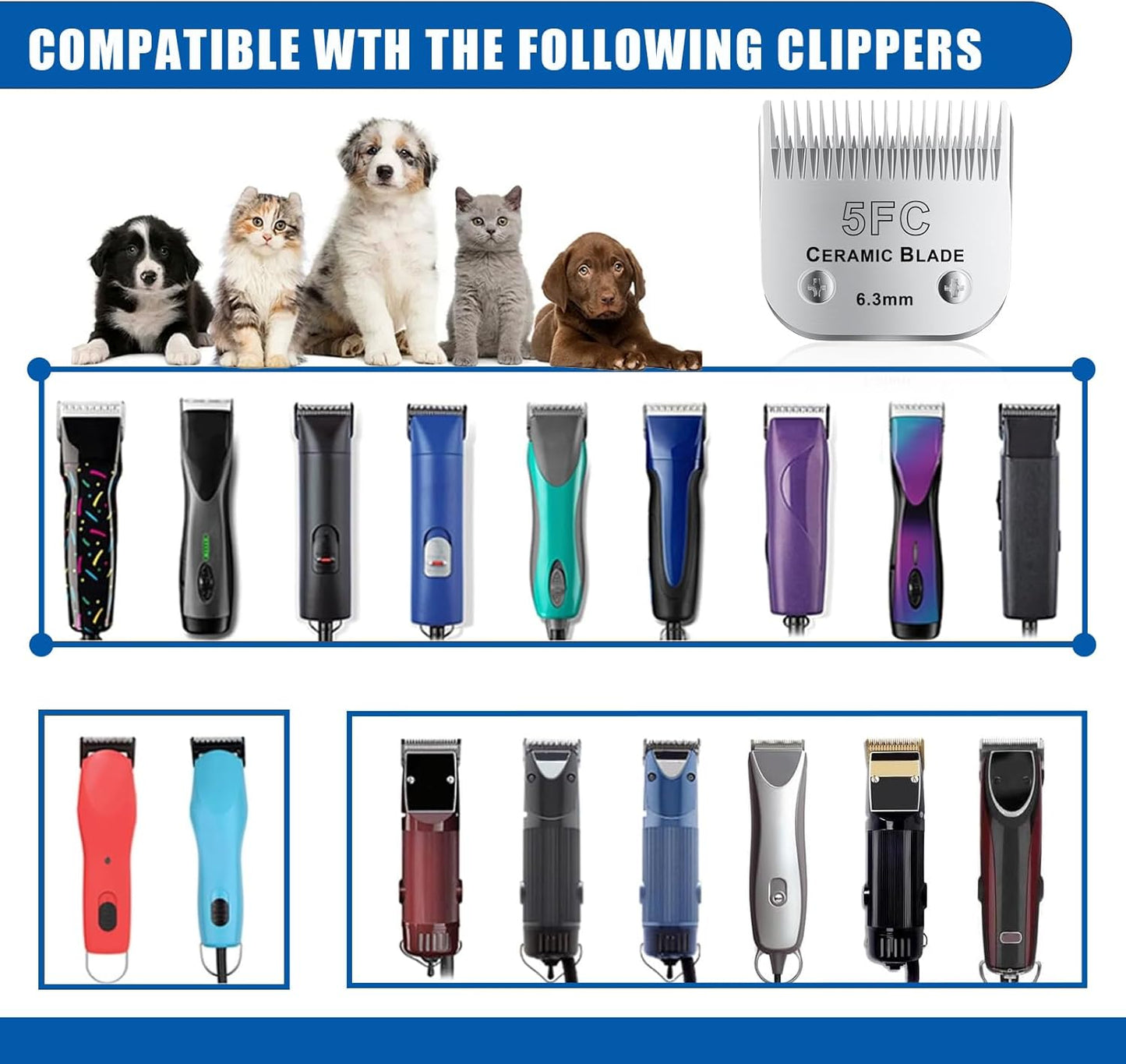 5FC# Detachable Pet Dog Grooming Clipper Ceramic Blade,Compatible with Andis Size 5FC Cut Length 1/4”(6.3mm),Compatible with andis/wahl/Oster Dog Clippers 2PCS