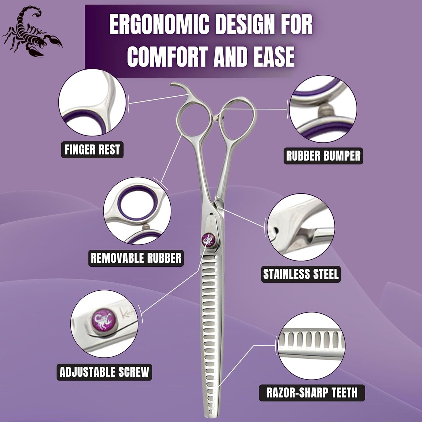 Kenchii Scorpion 24 Tooth Blending Scissors for Dogs and Pets - Premium Steel Scissors for Dog Grooming - Dog Shears Pet Grooming Accessories - Pet Hair Trimming Scissor