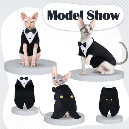 QBLEEV Cat Tuxedo Suit, Cat Halloween Costumes for Cats Only, Sphynx Cat Tuxedo Outfit Costume with Bow Tie, Kitten Formal Attire Wedding Birthday Onesie Clothes for Male Girl Hairless Cats