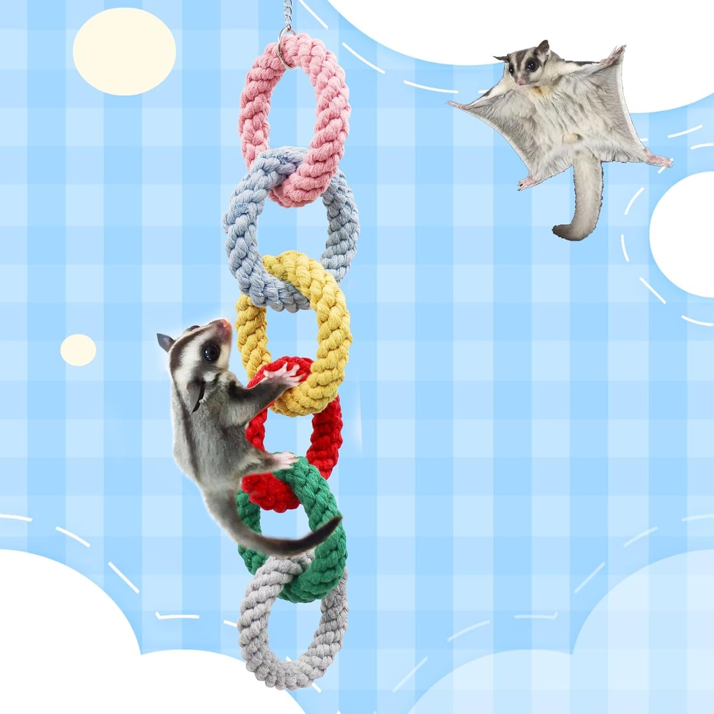 Sugar Glider Hanging Toy - Colorful 6-Ring Climbing & Swing Set for Cages, Cage Accessories for Small Animals Birds Parrots Parakeets Cockatiels Ferrets Hamsters Rats