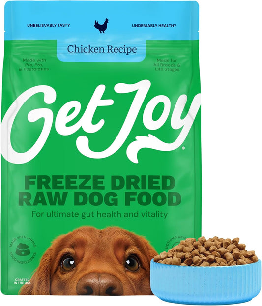 Get Joy Freeze Dried Raw Chicken Dog Food, High Protein Grain Free Meal, Topper & Treat, Gut Health Support with Probiotics, Small to Large Breed, 16oz Bag