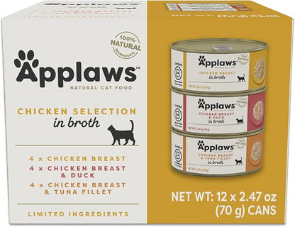 Applaws Natural Wet Canned Cat Food, Limited and Natural Ingredients, High Protein with No Artificial Additives, Chicken Selection Variety Pack in Broth (12 x 2.47oz Cans)