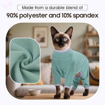 DENTRUN Cat Clothes for Hair Control with Hair Sticky Fabric - Soft Recovery Suit & Breathable Lint-Resistant Cat Sweater for Cats Only, Kitten Onesie Pajamas, S, Bean Green