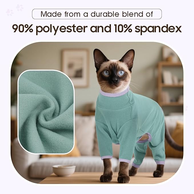 DENTRUN Cat Clothes for Hair Control with Hair Sticky Fabric - Soft Recovery Suit & Breathable Lint-Resistant Cat Sweater for Cats Only, Kitten Onesie Pajamas, M, Bean Green