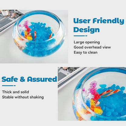 2 Gallon Glass Fish Bowl with Decor, Include Fluorescent Stones & Colorful Plastic Trees, High White Glass for Clear View, Small Fish Bowl/Vase/Aquarium for Betta Fish/Goldfish, Nice Home Décor