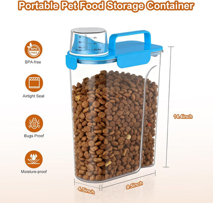 Dog Cat Food Storage Container, 5-7Lbs Pet Food Containers, Airtight Cat Food Container with Portable Handle & Measuring Cup, Small Animal Dry Food Dispenser for Dogs, Cats and Birds