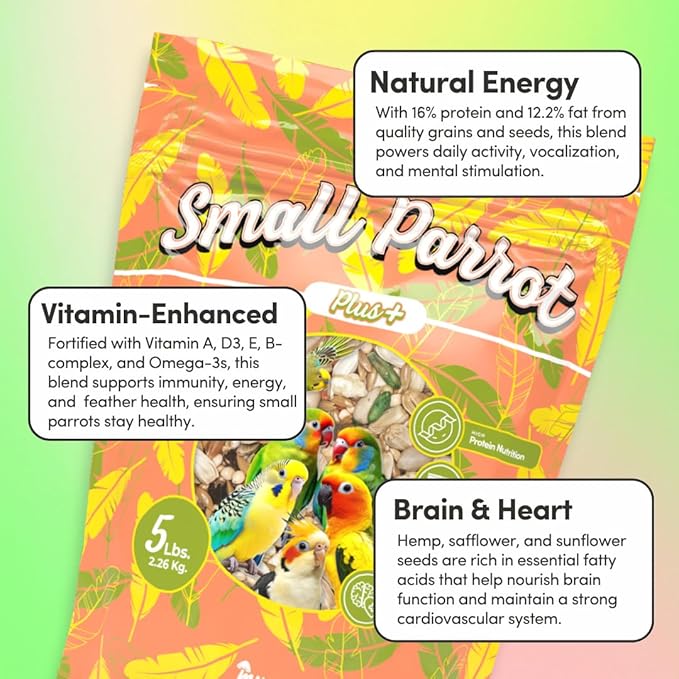 Mycelium Organic Small Parrot Plus Bird Seed (5 LBS) | Premium Food for Small Pet Birds | High-Protein, Vitamin-Fortified Daily Nutrition | Supports Brain & Heart Health | USA Made, Non-GMO