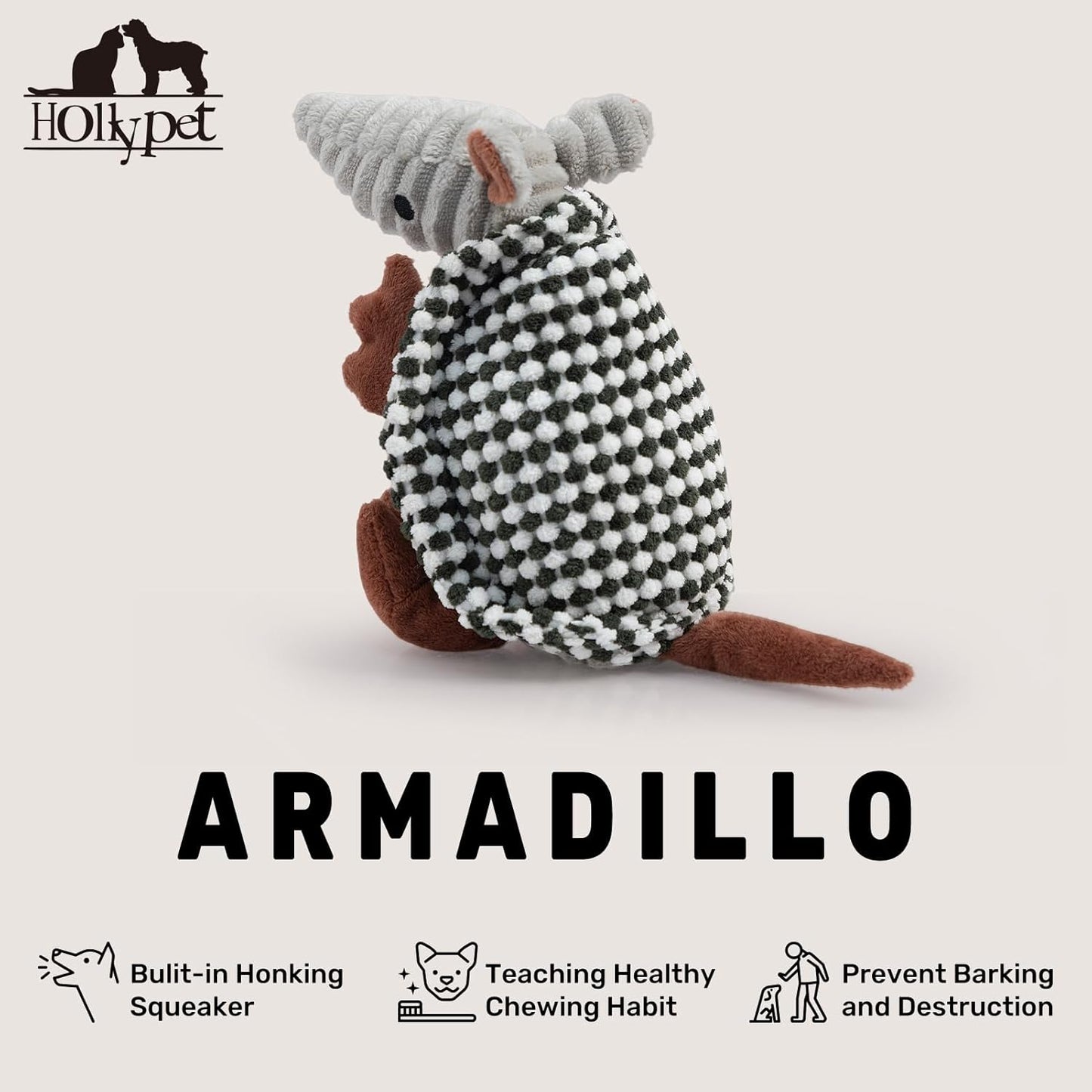 Hollypet Plush Dog Squeaky Toy Stuffed Armadillo Animal Pet Puppy Chew Toys with Clean Teeth for Small Medium Large All Breed Sizes Dogs, Black and White,8 in