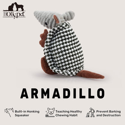 Hollypet Plush Dog Squeaky Toy Stuffed Armadillo Animal Pet Puppy Chew Toys with Clean Teeth for Small Medium Large All Breed Sizes Dogs, Black and White,8 in