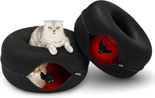 Cattasaurus Unique Peekaboo Cat Cave for Multiple & Large Cats Up to 30-45 Lbs, Scratch Detachable & Washable Tunnel Bed, Gothic Bat Donut Cat Cave (Duo Large Set)
