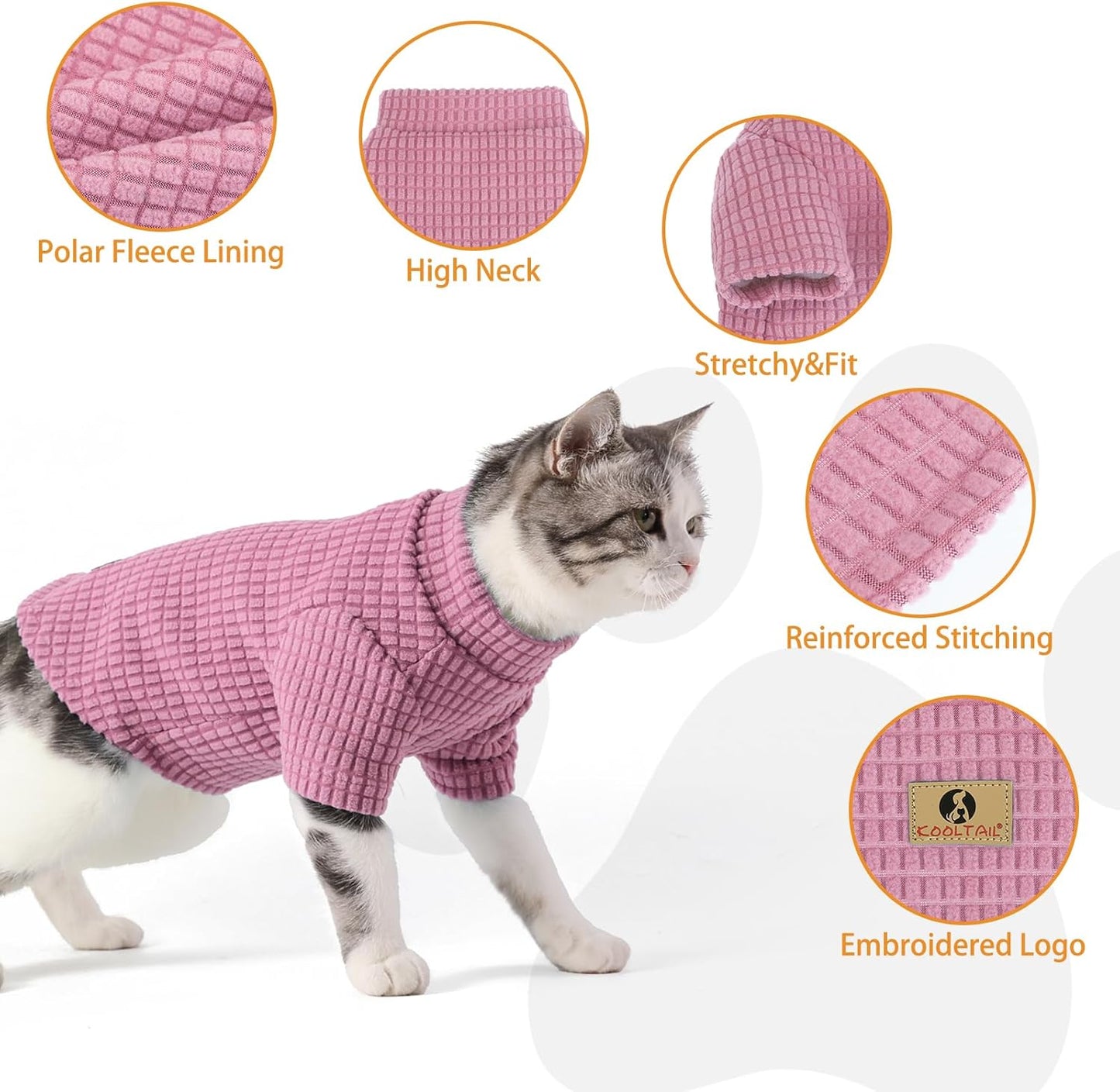 KOOLTAIL Cat Sweater for Sphynx - Soft Fleece Sweaters for Cats Only, Elastic Pet Clothes with Sleeves, Thick Winter Warm Cold Weather Apparel for Hairless Cat, Puppy Pajamas for Small Dogs, Pink L