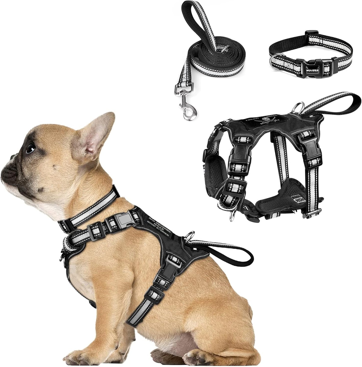 WINSEE Pet Harness Collar and Leash Set, All-in-one Reflective Dog Harness No Pull with Adjustable Buckles for Puppies, Small, Medium, Large, and Extra-Large Dogs (Small, Black)