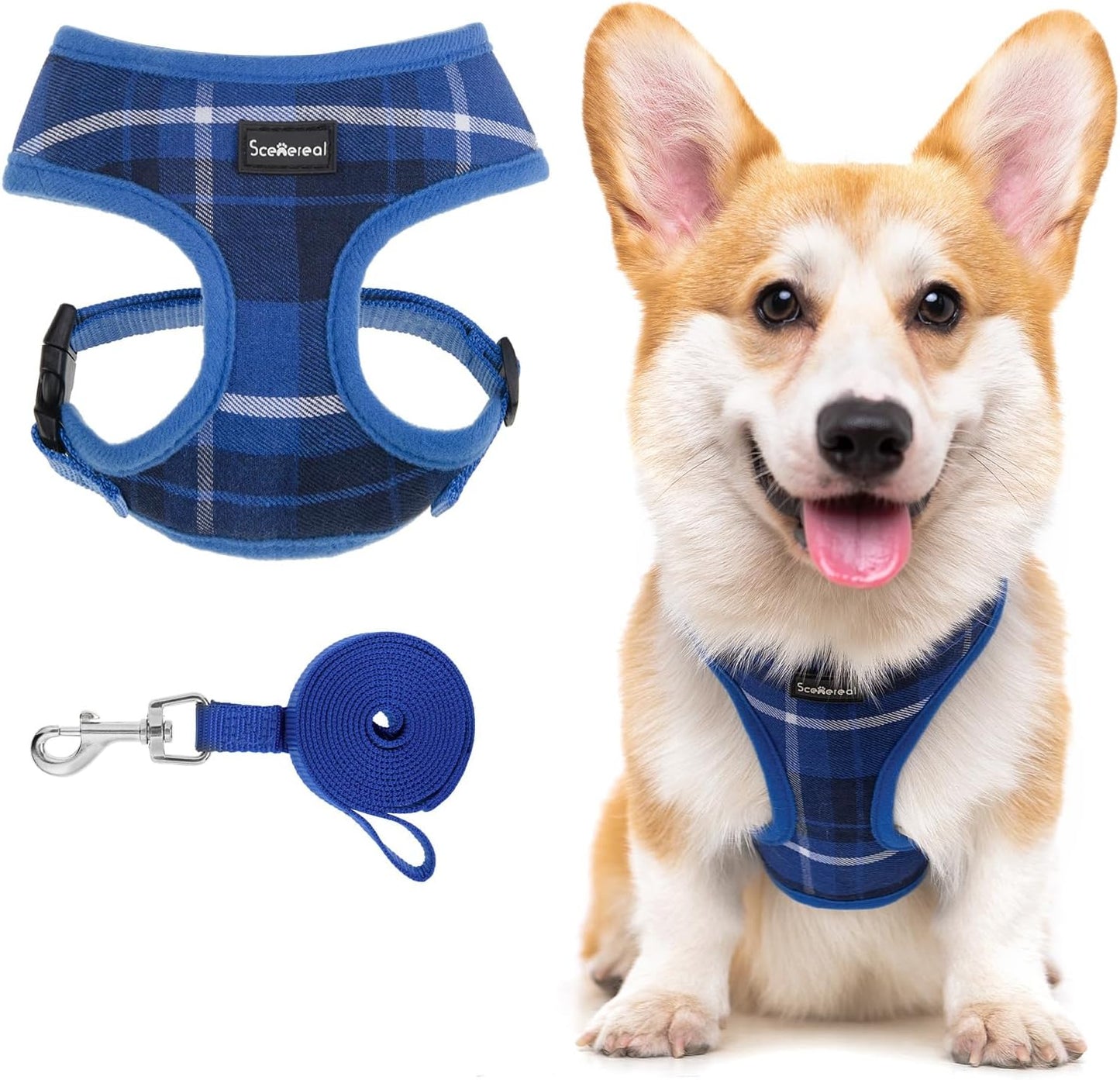 SCENEREAL Puppy Dog Harness with Leash Set for Small Medium Sized Dogs, Soft Mesh Step in Pet Harnesses and Leash, No Chock Plaid Adjustable No Pull Vest for Dogs Cats, Chihuahua,Bulldog (Blue M)