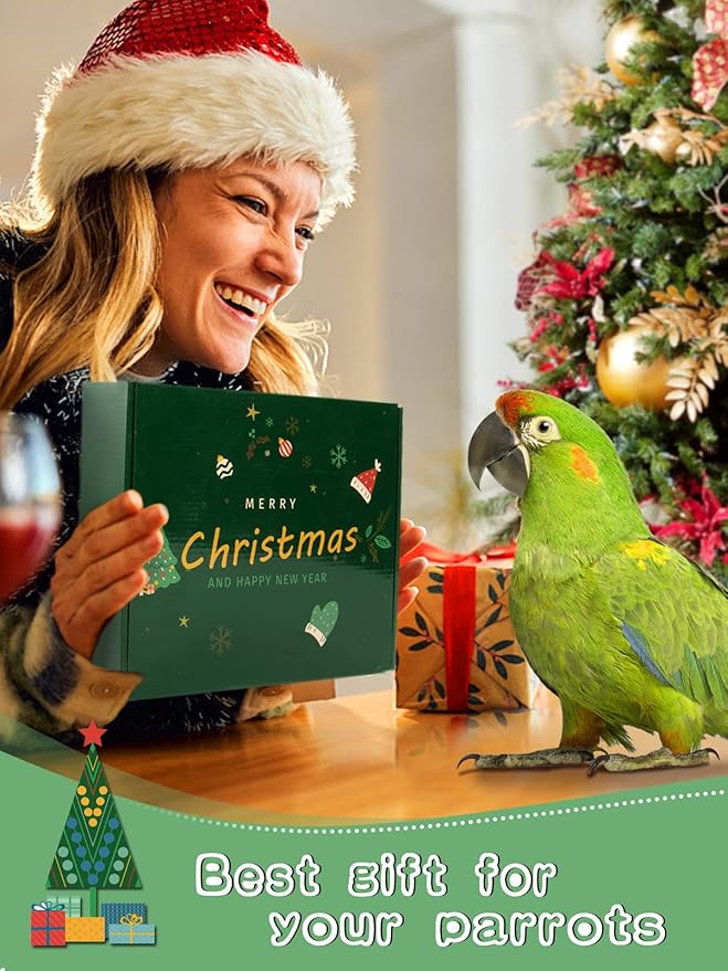 Christmas Large Bird Toy - Natural Wooden Parrots Toy with Colorful Edible Blocks for Macaws African Grey Amazon Parrots Cockatoos, Bird Chewing Toy for Gifts Playing(Green)