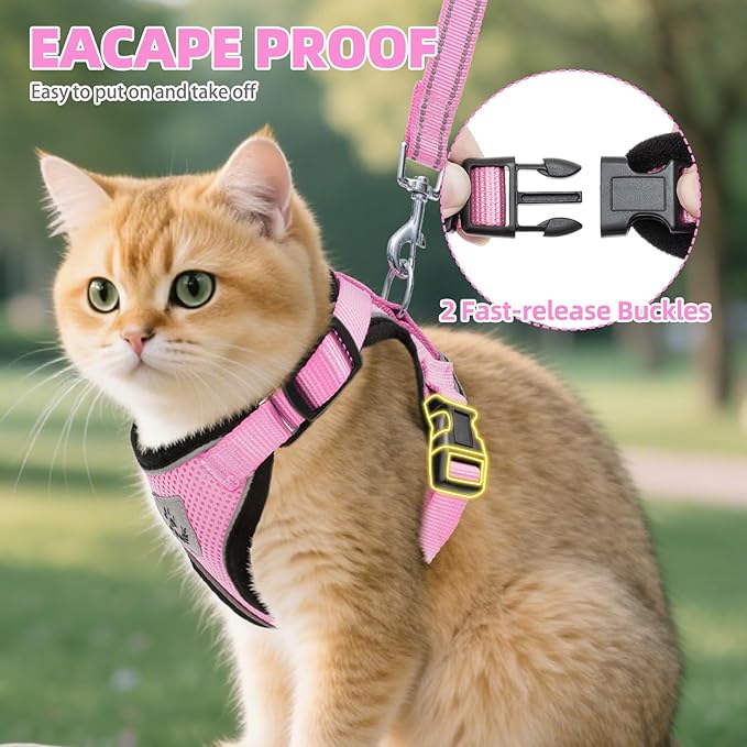 PUPTECK Cat Harness and Leash Set Escape Proof Reflective Cat Walking Harness Adjustable Soft Breathable Mesh Vest for Small Pets, Light Pink, S