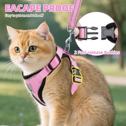 PUPTECK Cat Harness and Leash Set Escape Proof Reflective Cat Walking Harness Adjustable Soft Breathable Mesh Vest for Small Pets, Light Pink, M