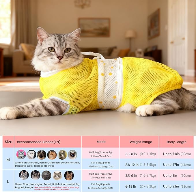 Cinf Cat Bathing Bag, Breathable Mesh Anti Scratch Adjustable Cat Grooming Bag for Nail Trimming, Bathing Soft Cat Washing Bag(Yellow) L