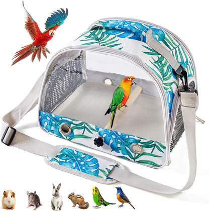 Small Bird Carrier Cage with Standing Perch & Tray Portable & Breathable Pet Travle Transport Carry Bag with Shoulder Strap for Vet Visit & Outdoor Walking (Printed)