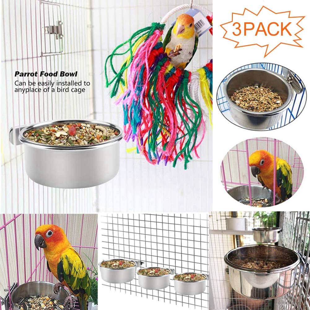 PINVNBY Stainless Steel Food Bowls for Birds,Bird Feeding Dish Cups Parrot Water Feeder Bowl with Clamp Holder Paw Grinding Perches for Budgies Parakeet Macaw Small Animal(5 Pack)