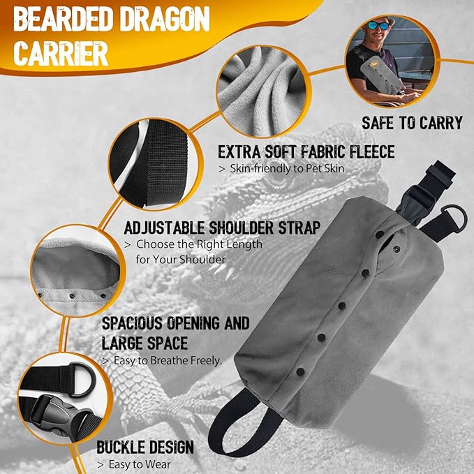 WATFOON Adjustable Lizard Leather Leash Harness and Bearded Dragon Carrier Sling, Reptile Small Pet Training Leashes and Beardie Snuggle Bag for Outdoor Travel(XL Grey Sling)