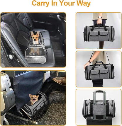 Estarer Soft Sided Pet Carrier Airline Approved, 4 Sides Expandable Collapsible Cat Carrier with Pockets & Removable Fleece Pad, Travel Carrier Bag for Cat Dog & Small Animals (Grey)
