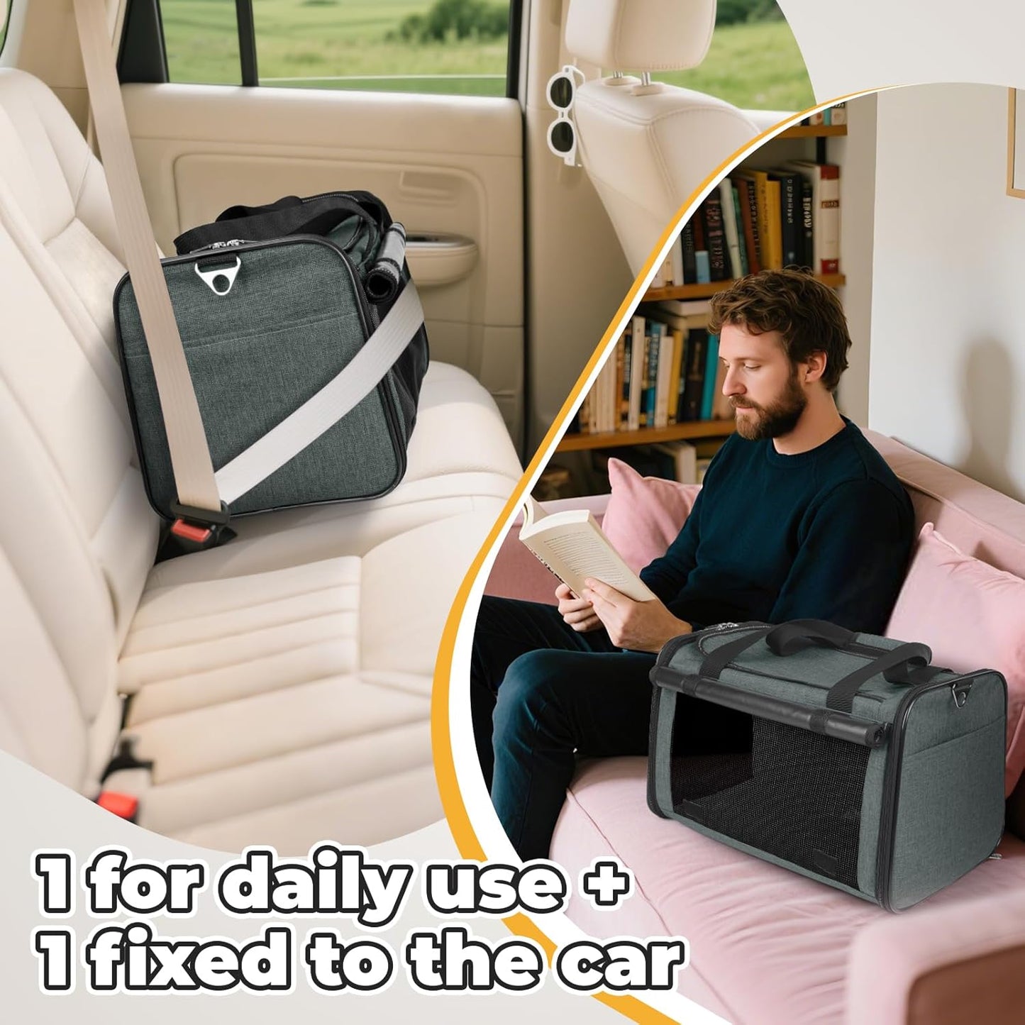 YUDODO 2 Packs 25 lbs Lightproof Soft Sided Pet Carrier for Large Cat & Small Dog Airline Approved Travel Bag Puppy Carriers with Side Pockets & Reflective Mesh, Foldable Portable for Car 2 Grey Green