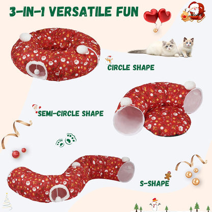 Cat Tunnel Christmas Tree Skirt Cat Tunnel Bed for Indoor Cats Play Donut Tunnel Toys S Shape for Rabbit Ferret (Red)