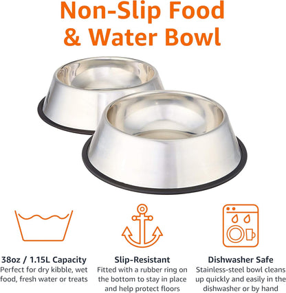 Amazon Basics Stainless Steel Non-Skid Pet Dog Water And Food Bowl, 2-Pack (10 x 2.8 Inches), Each Holds Up to 38oz
