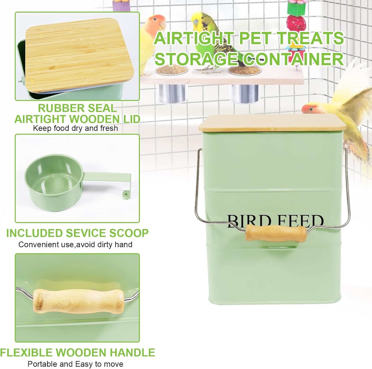 Metal Bird Seeds storage container,Outdoor Bird Food Container Canister, Pet Food Bin with Wooden Lid/Handle/Food scoop,hold 5-6 Lbs of Wild Bird Seed Sunflower Seed-Preventing Squirrels-Green