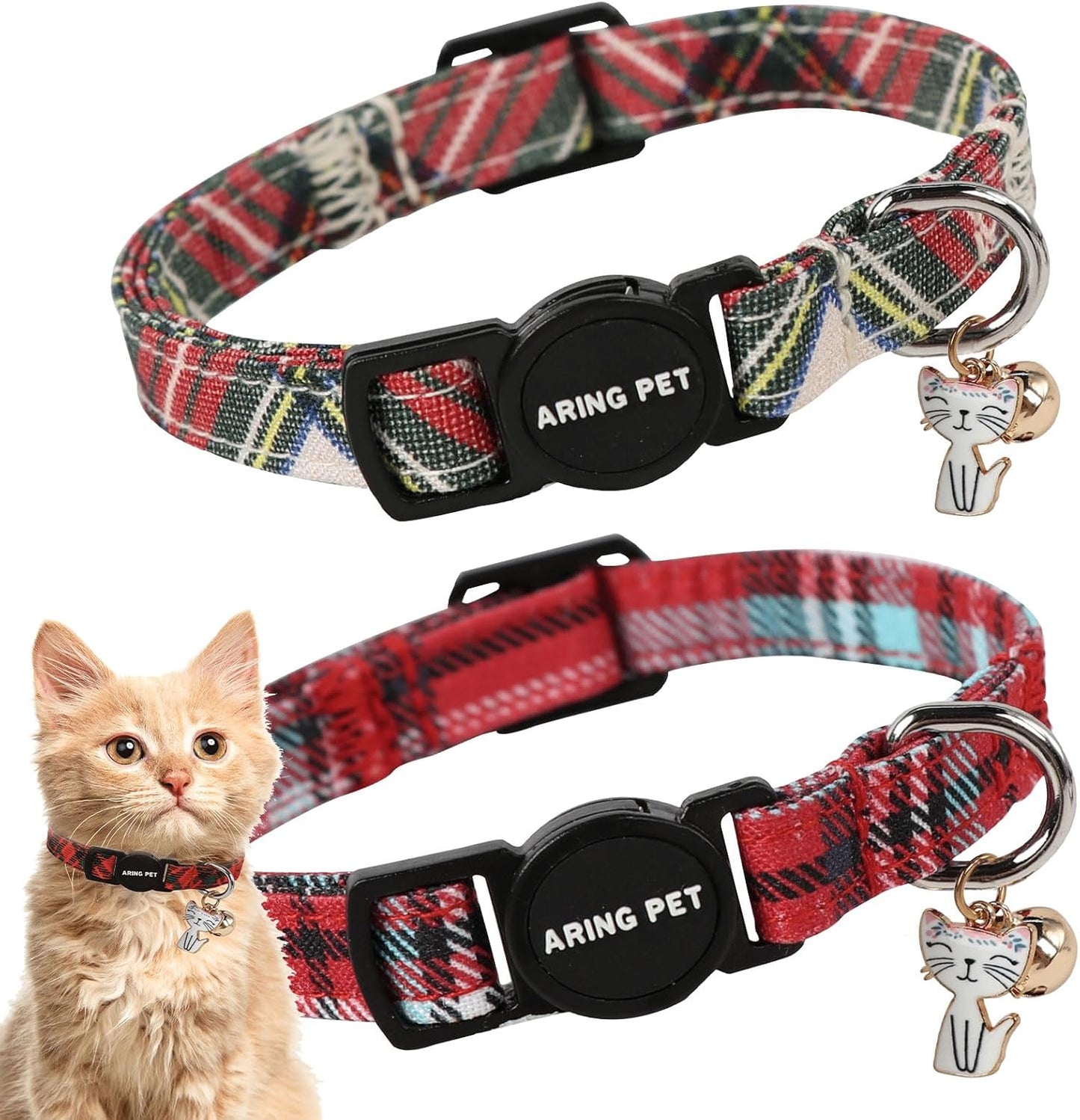 ARING PET 2 Pack Christmas Cat Collars-Cute Cat Collar Breakaway with Bell&Pendant, Cotton Christmas Plaid Kitten Collars with Safety Buckle for Girl and Boy Cats