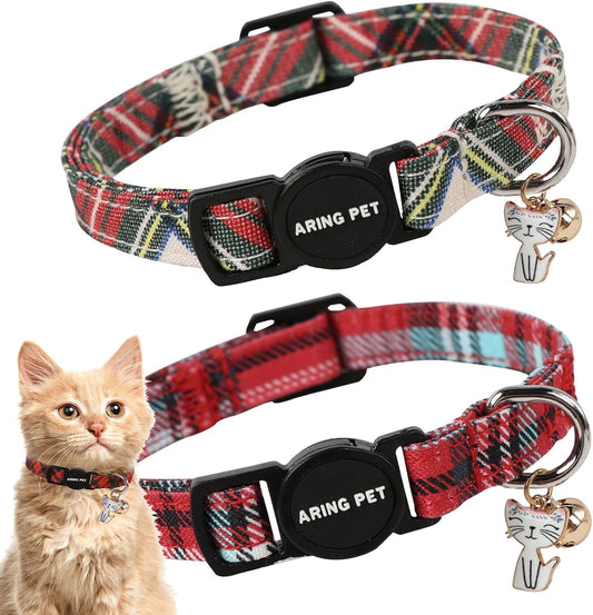 ARING PET 2 Pack Christmas Cat Collars-Cute Cat Collar Breakaway with Bell&Pendant, Cotton Christmas Plaid Kitten Collars with Safety Buckle for Girl and Boy Cats