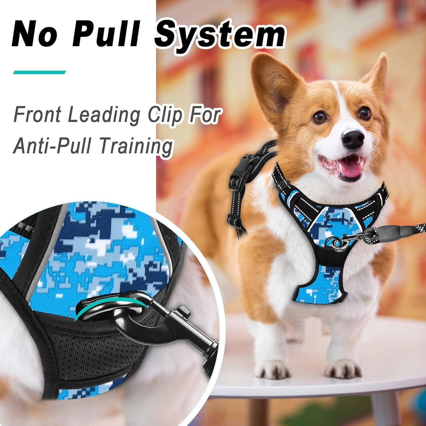 BARKBAY No Pull Dog Harness Large Step in Reflective Dog Harness with Front Clip and Easy Control Handle for Walking Training Running(Blue camo,XL)