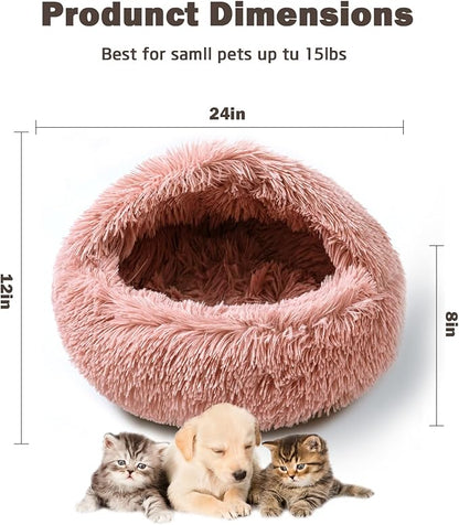 Cat Bed for Indoor Cats, Calming Cozy Cave with Self-Warming Plush, Entire Bed Machine Washable & Anti-Slip Base, Breathable Pet Bed for Small Cats&Dogs All Seasons (Leather Pink, 24 * 24inch)