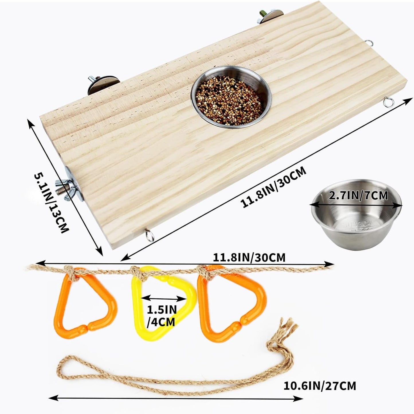 FlidRunest 2 Pack Bird Perch Bird Feeding Cup Parrot Wood Perch Stand Toy Bird Cage Accessory for Parakeet Lovebird Conure Budgie Canary Finch Small Parrots 11.8x5.1 Inches