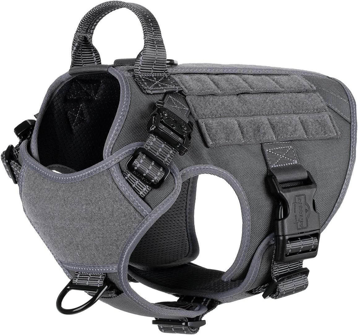 ICEFANG Tactical Dog Harness, Medium Size,2X Metal Buckle,Working Dog MOLLE Vest with Handle,No Pulling Front Leash Clip,Hook and Loop Panel (Grey,M (Pack of 1))