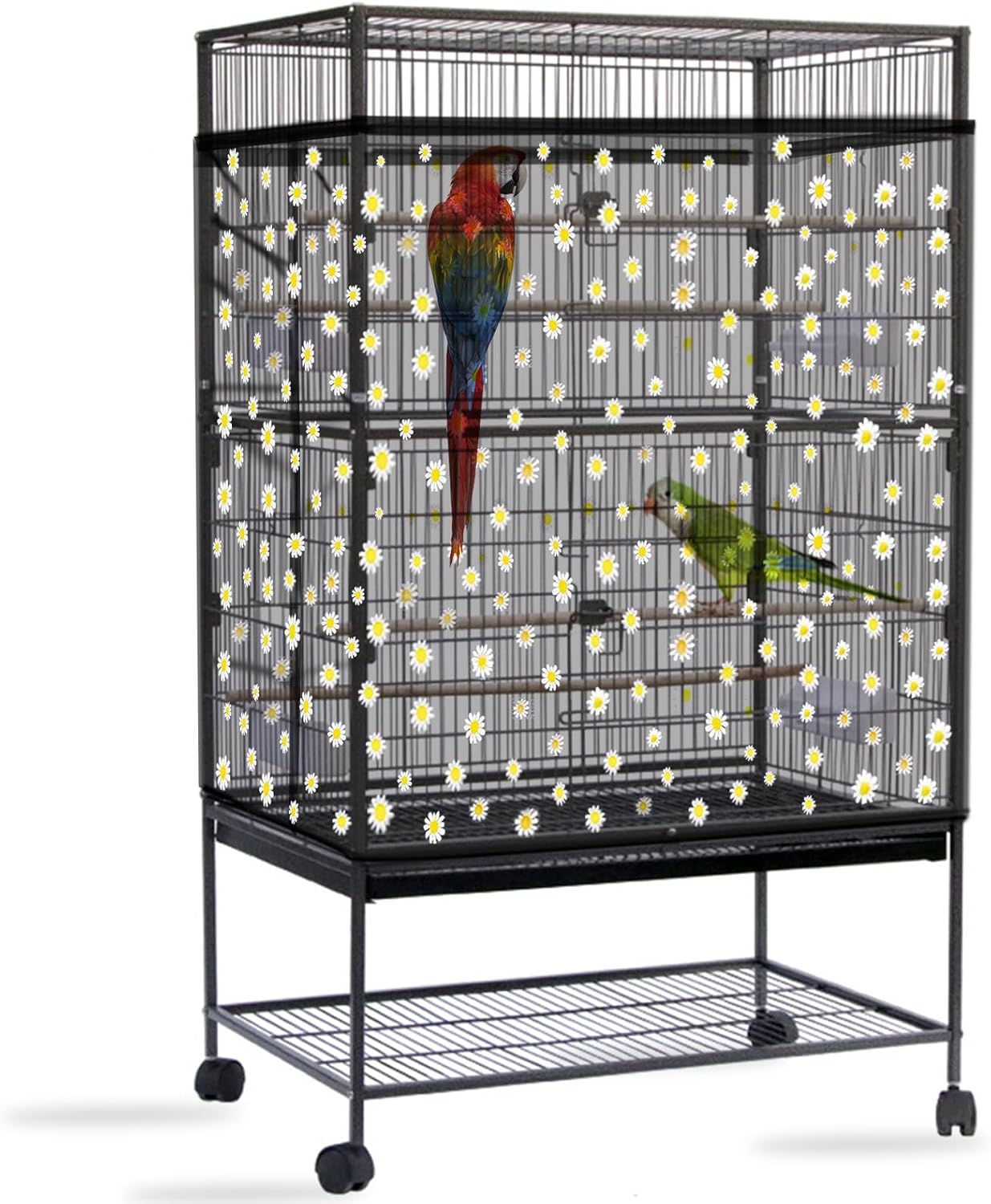 Daoeny Bird Cage Seed Catcher, Large Bird Cage Cover, Adjustable Soft Airy Nylon Mesh Net, Birdcage Cover Skirt Seed Guard for Parrot Parakeet Macaw African Round Square Cages (Black, Daisy Design)