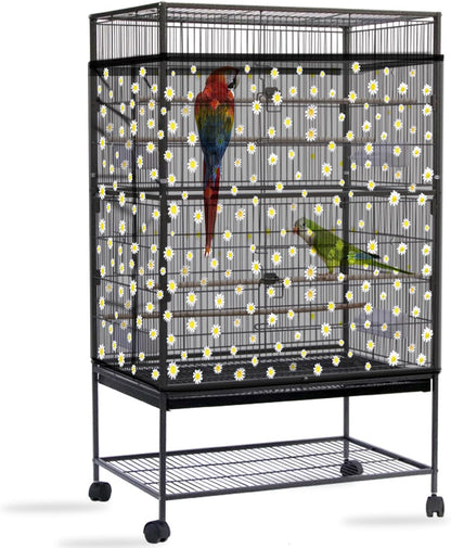 Daoeny Bird Cage Seed Catcher, Large Bird Cage Cover, Adjustable Soft Airy Nylon Mesh Net, Birdcage Cover Skirt Seed Guard for Parrot Parakeet Macaw African Round Square Cages (Black, Daisy Design)